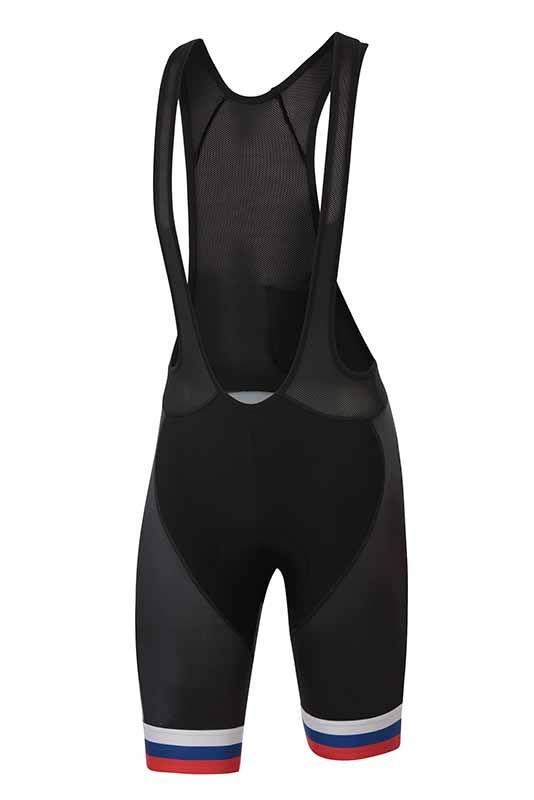 Black cycling bib shorts with shoulder straps and a mesh back panel. The shorts feature red, white, and blue stripes along the bottom of each leg