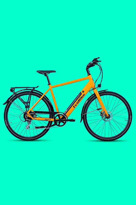 A bright yellow bicycle with a sturdy frame is displayed against a solid turquoise background. The bike has black tires, a black saddle, and handlebars, and features a rear rack for carrying items. The branding "Everybike" is visible on the frame.