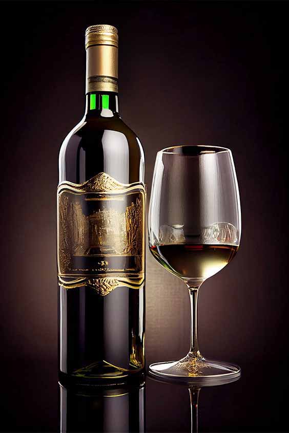 A bottle of wine with an ornate golden label stands beside a partially filled wine glass. Both are set against a dark gradient background that highlights the bottle and glass, giving the image an elegant and sophisticated feel.